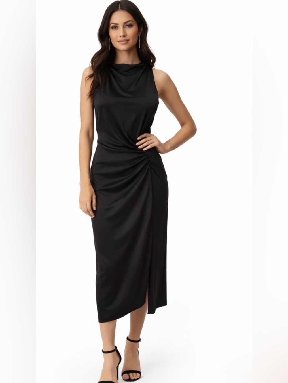 Parker Black Satin Midi Dress Draped Neck Ruched Side Cocktail Evening .Size 12
